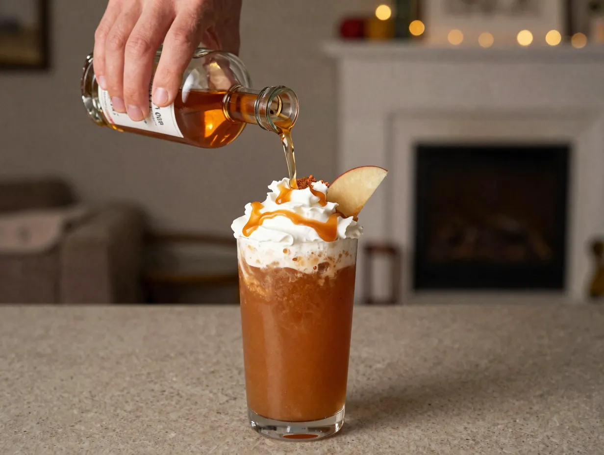 Warm caramel apple cider cocktail with caramel apple vodka garnish