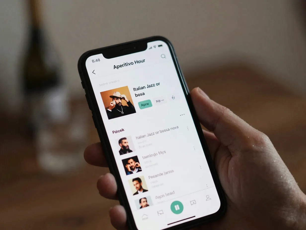 A smartphone displaying a music playlist titled aperitivo hour