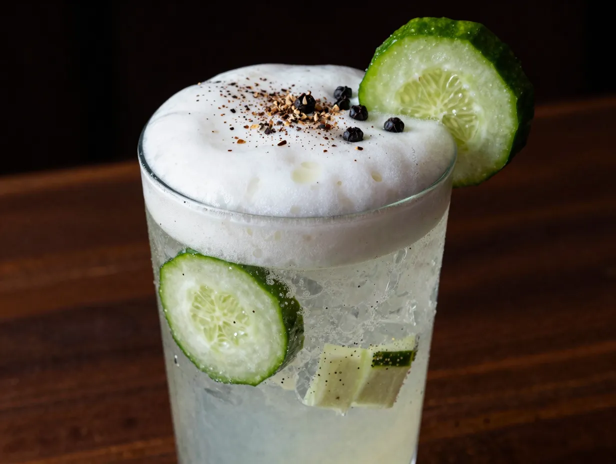 Cucumber and black pepper gin fizz cocktail