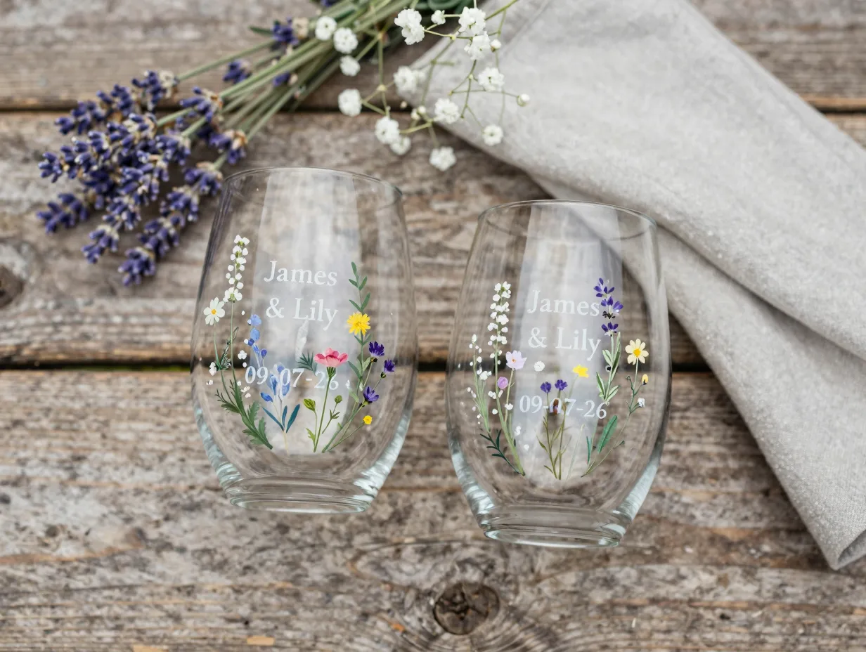 Customizable wildflower stemless wine glass botanical garden wedding theme