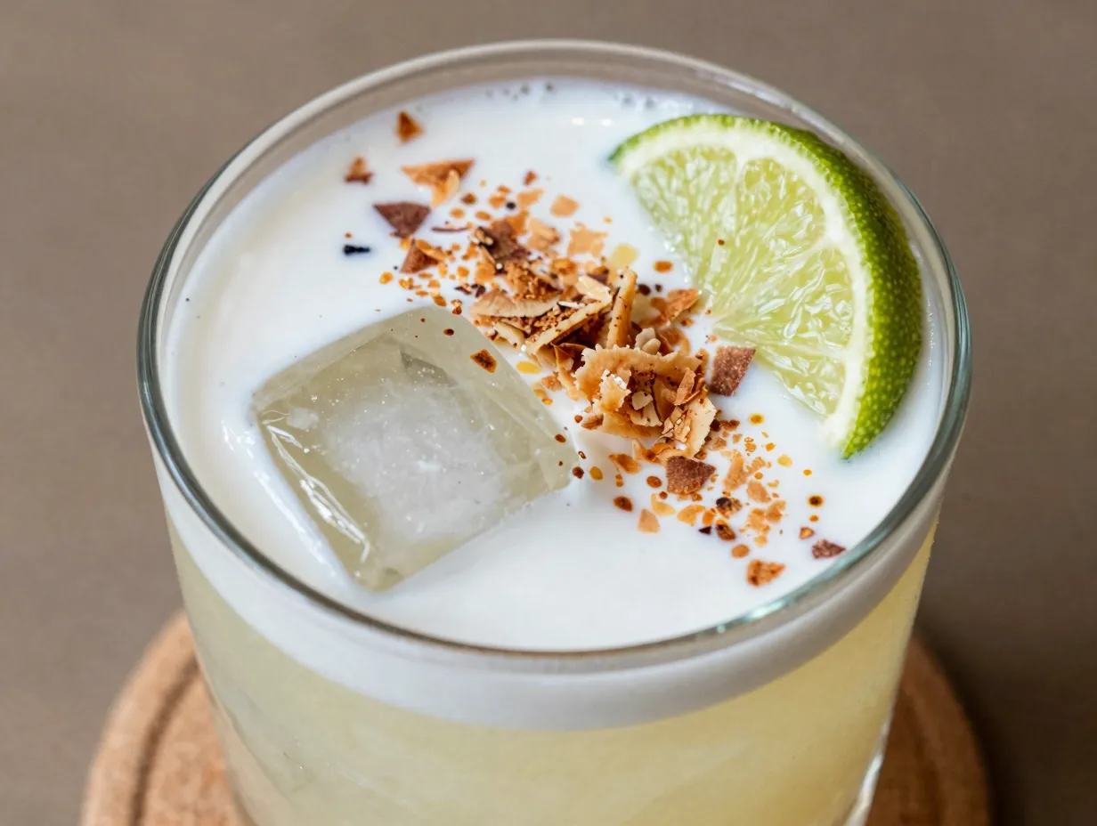 Indulgent coconut lime sprite with floating coconut milk toasted flakes