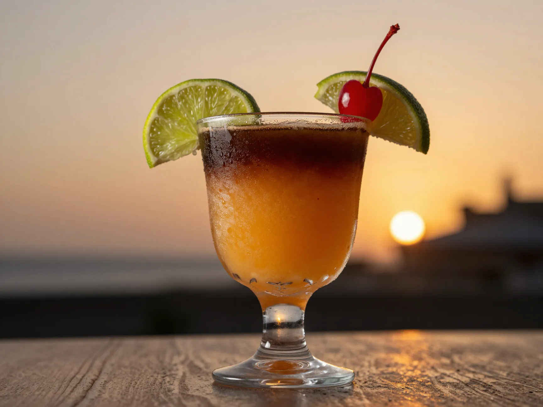 Mai tai slushie cocktail with dark rum float and citrus