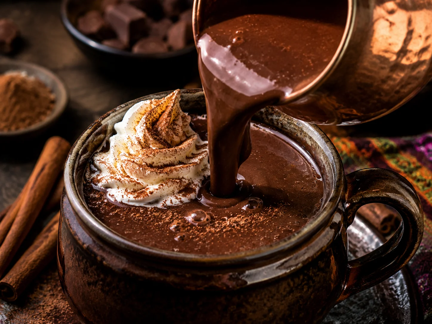 Mexican style hot chocolate velvety texture chili cinnamon