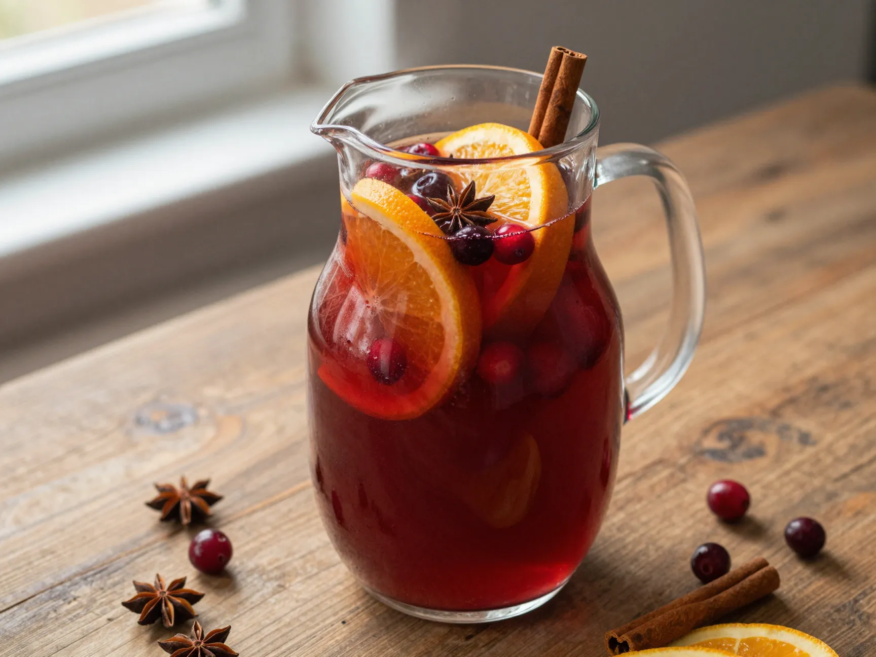 Non alcoholic winter sangria pitcher citrus cinnamon spices