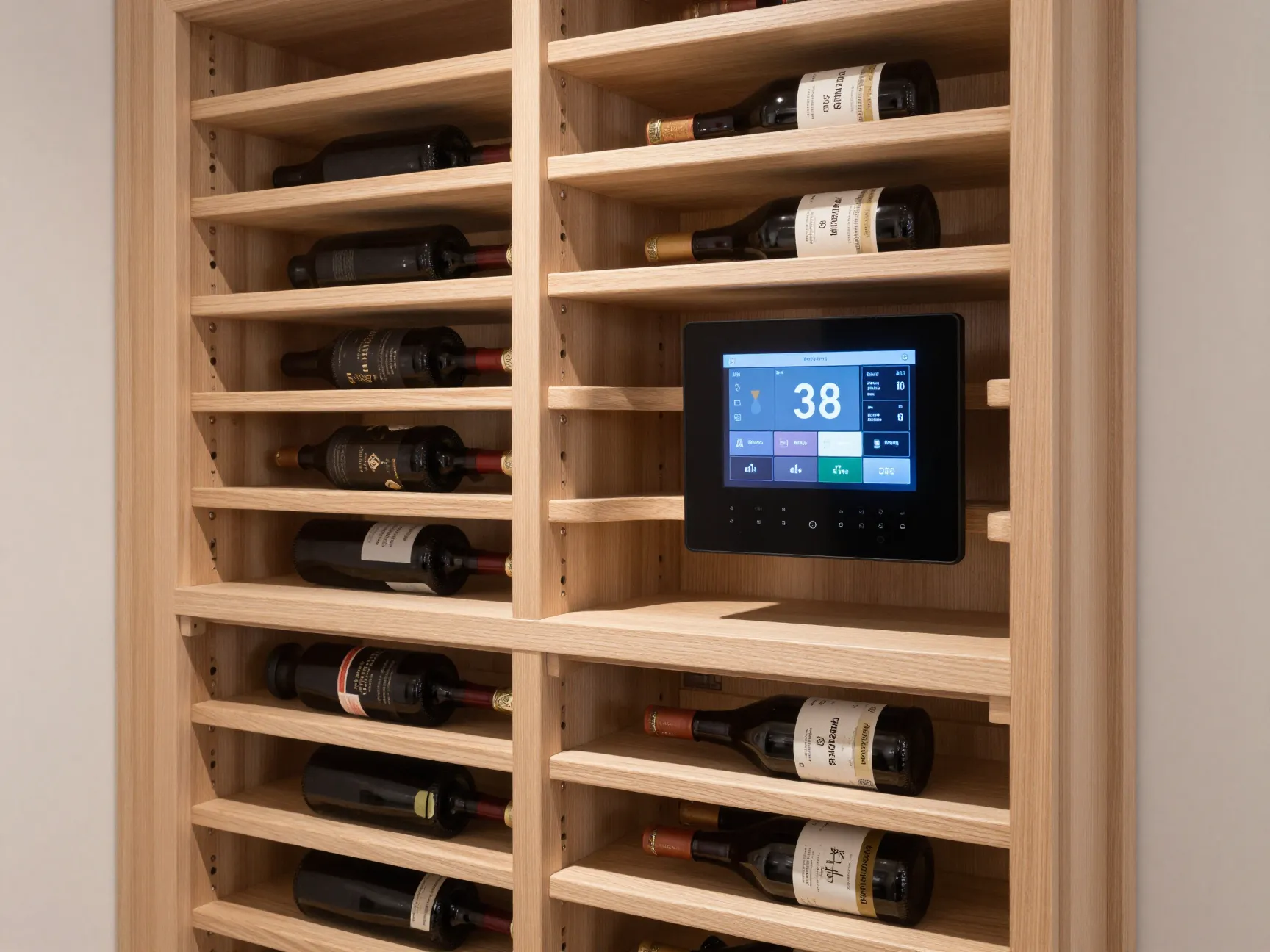 Right sized custom hardwood wine cellar with digital monitoring display