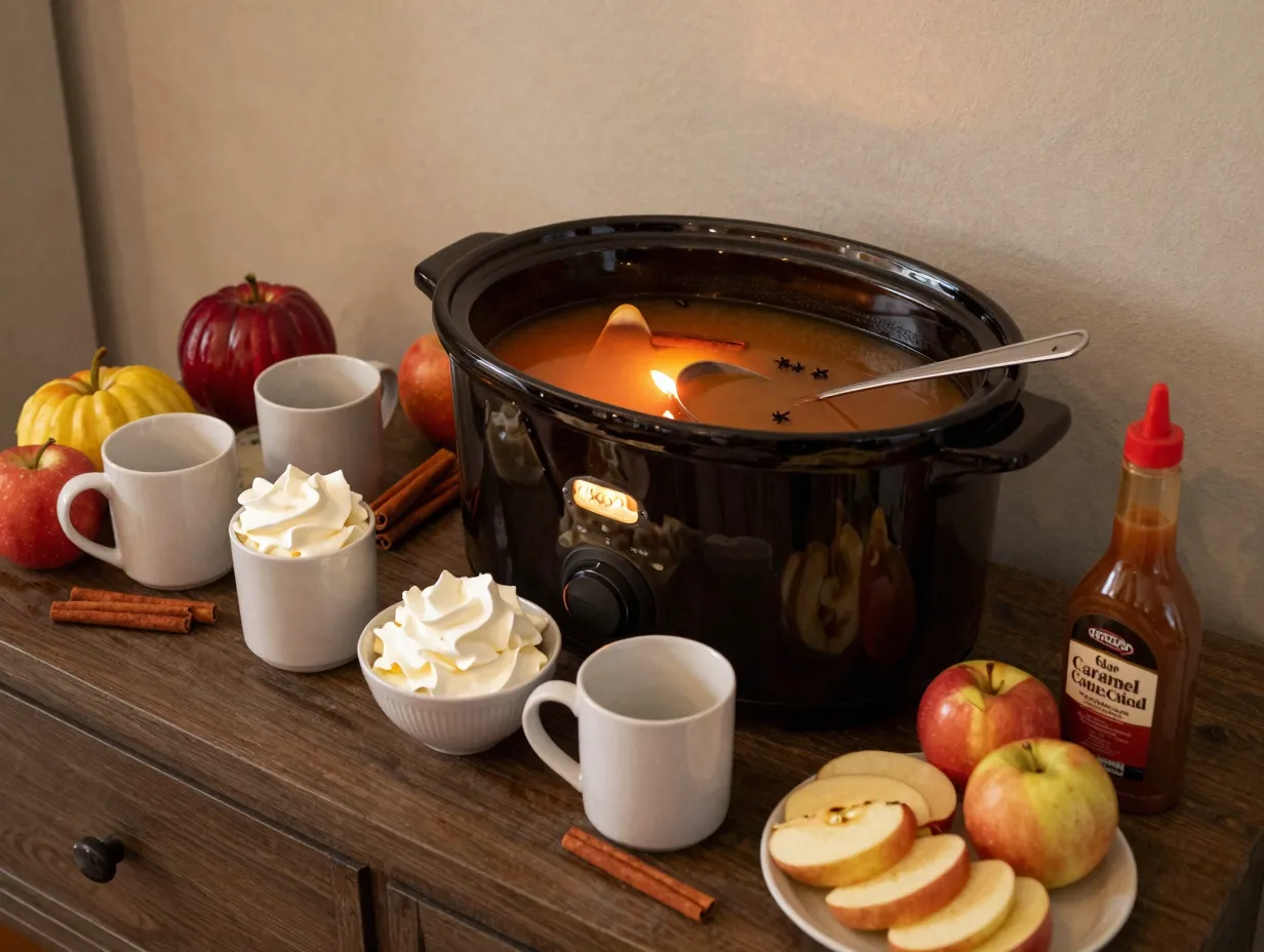 Slow cooker caramel apple cider self serve station for party