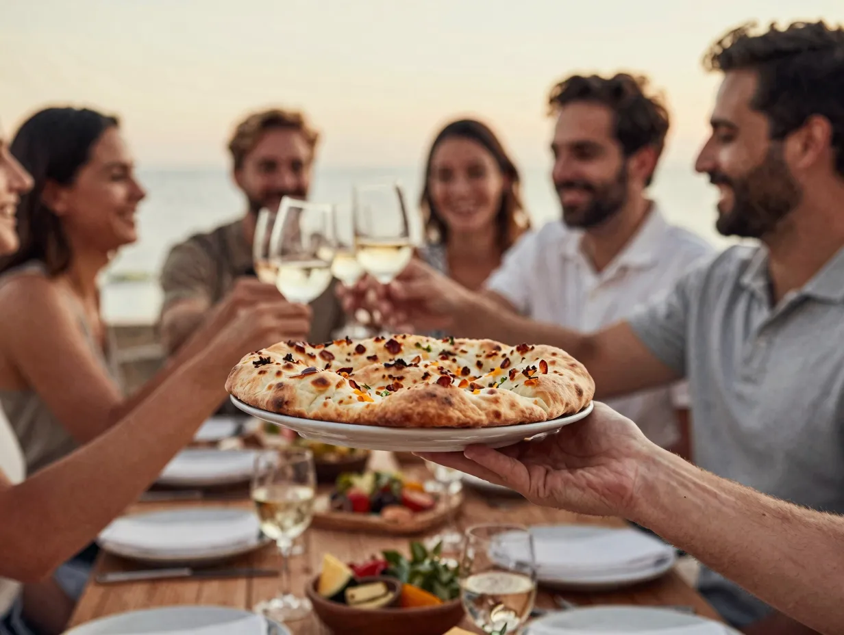A hand offering a final plate of warm focaccia during a toast