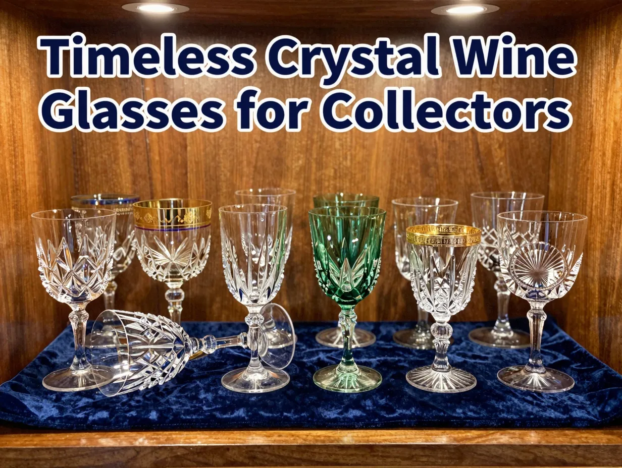Eight distinct vintage crystal glasses luxury display sparkling light