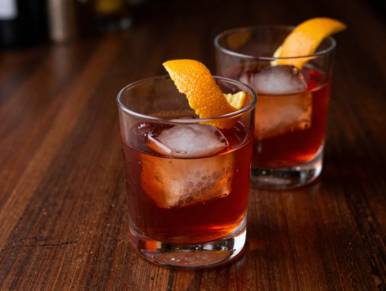 Alcohol free negroni rocks orange peel garnish