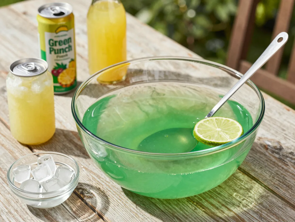 Classic green party punch in a clear glass bowl on a summer table