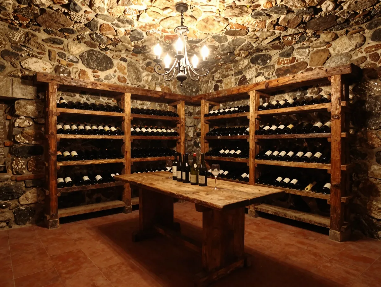 Classic rustic stone cellar exposed brick timber racks terracotta floor