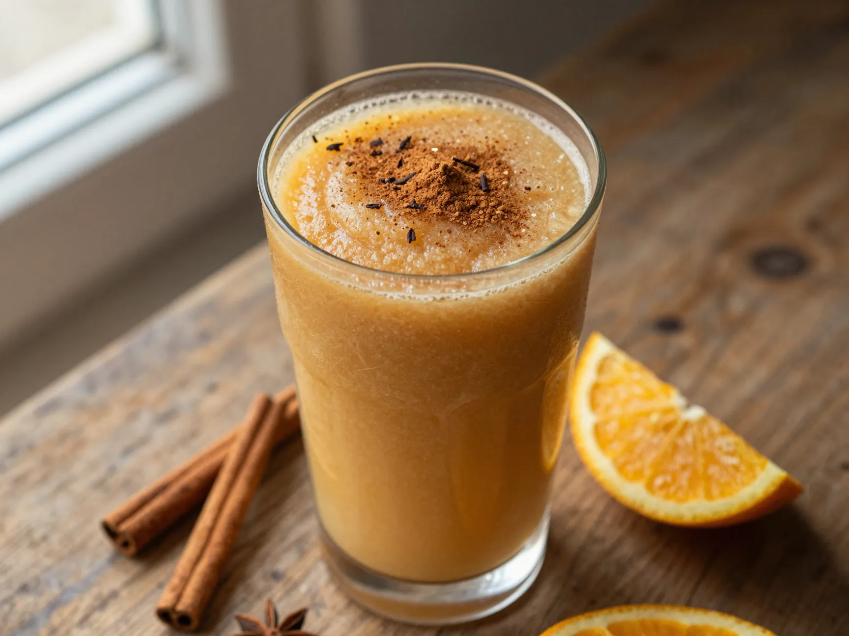 Spiced apple cider slushie garnished glass with cinnamon spices