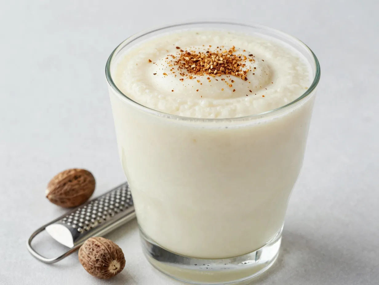 Creamy eggnog slushie in glass topped with fresh nutmeg