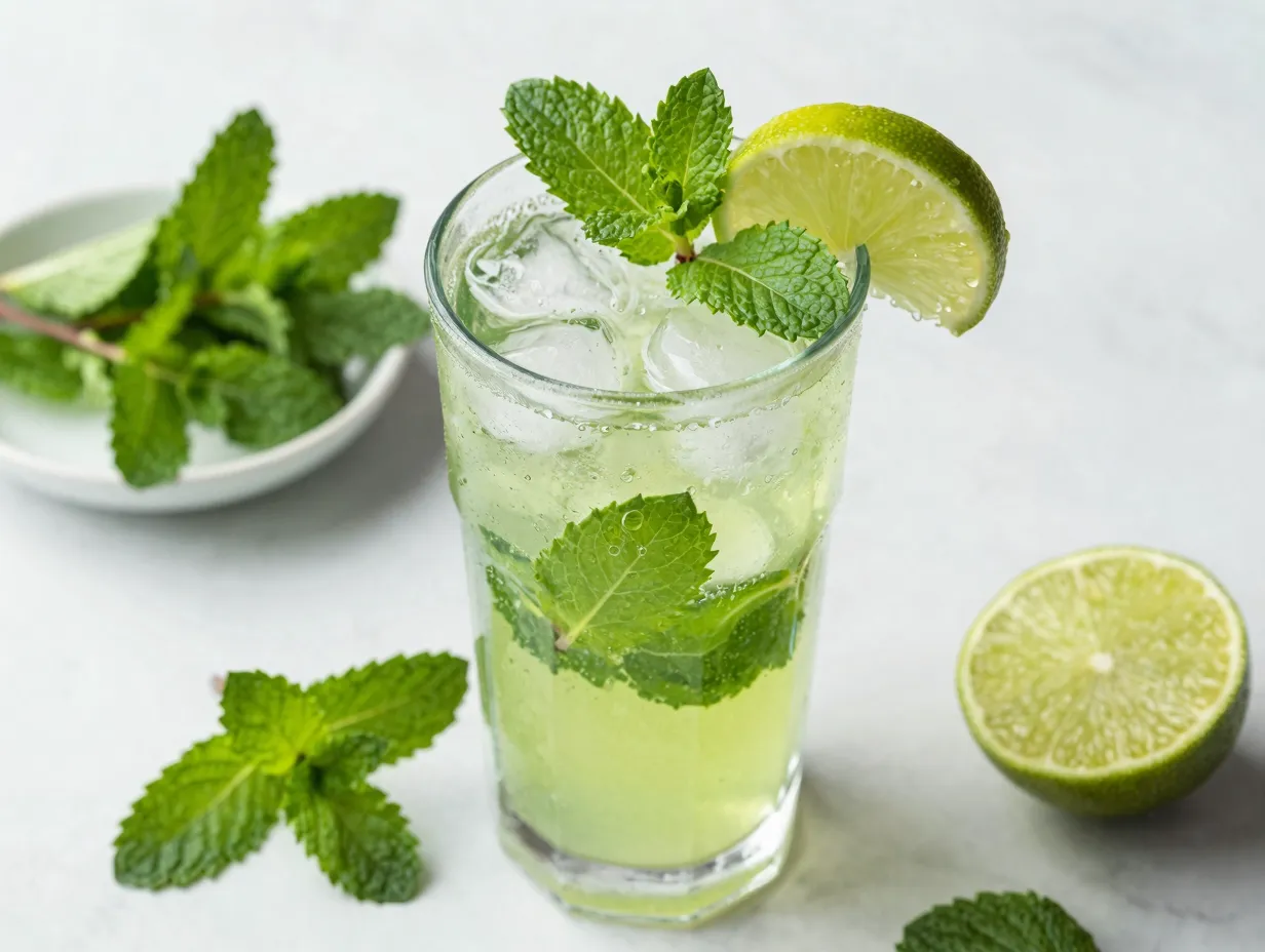 Fresh mint leaves lime juice highball glass