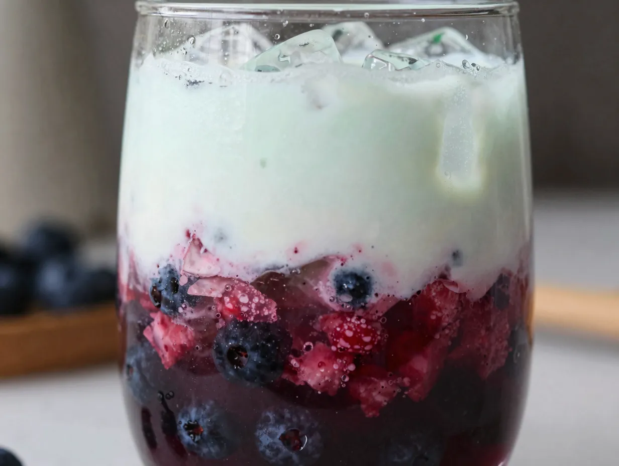 Glass of berry sprite zero layered with cream and crushed fruit