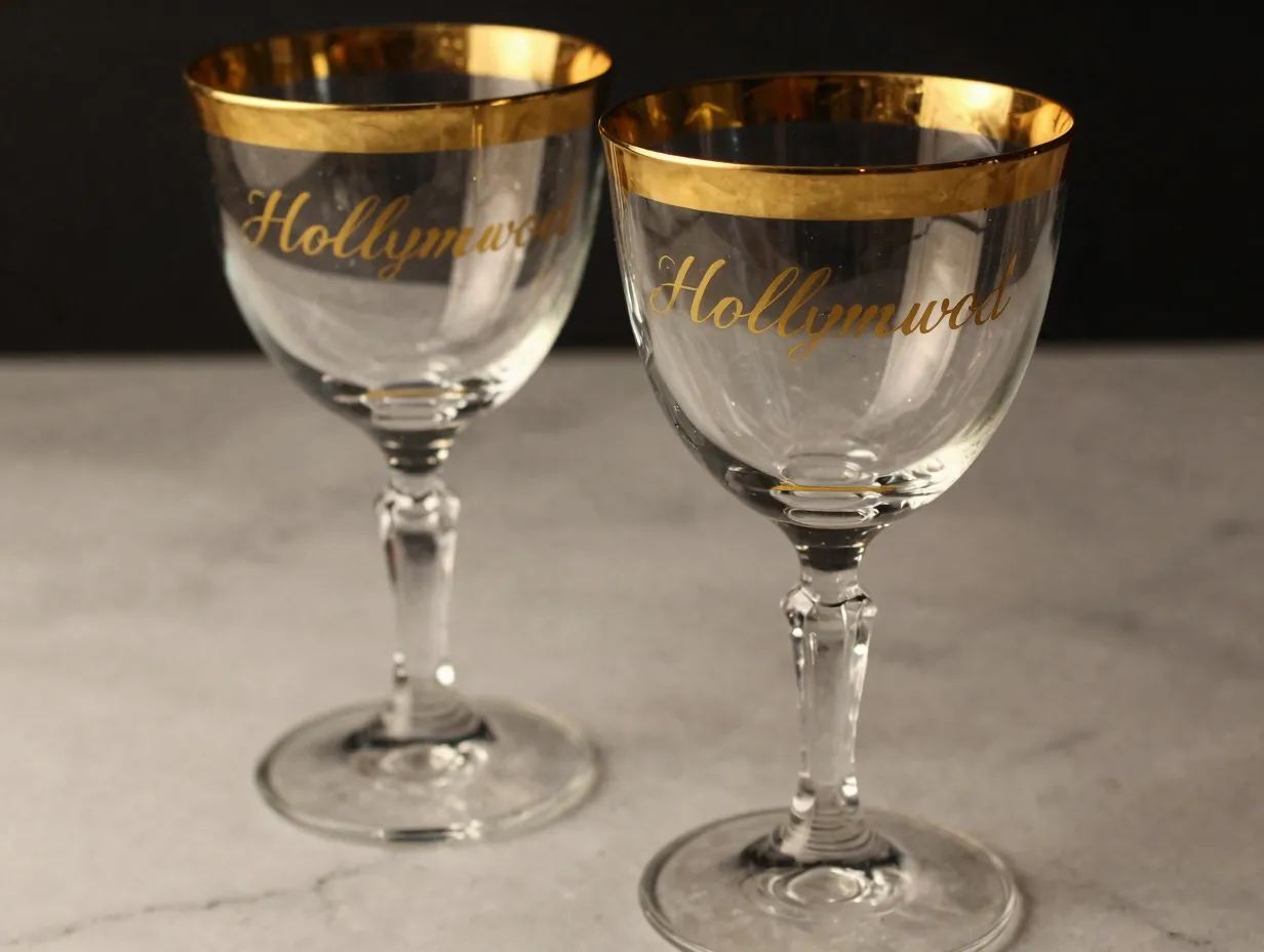 Hollywood regency gold monogrammed crystal wine glasses set