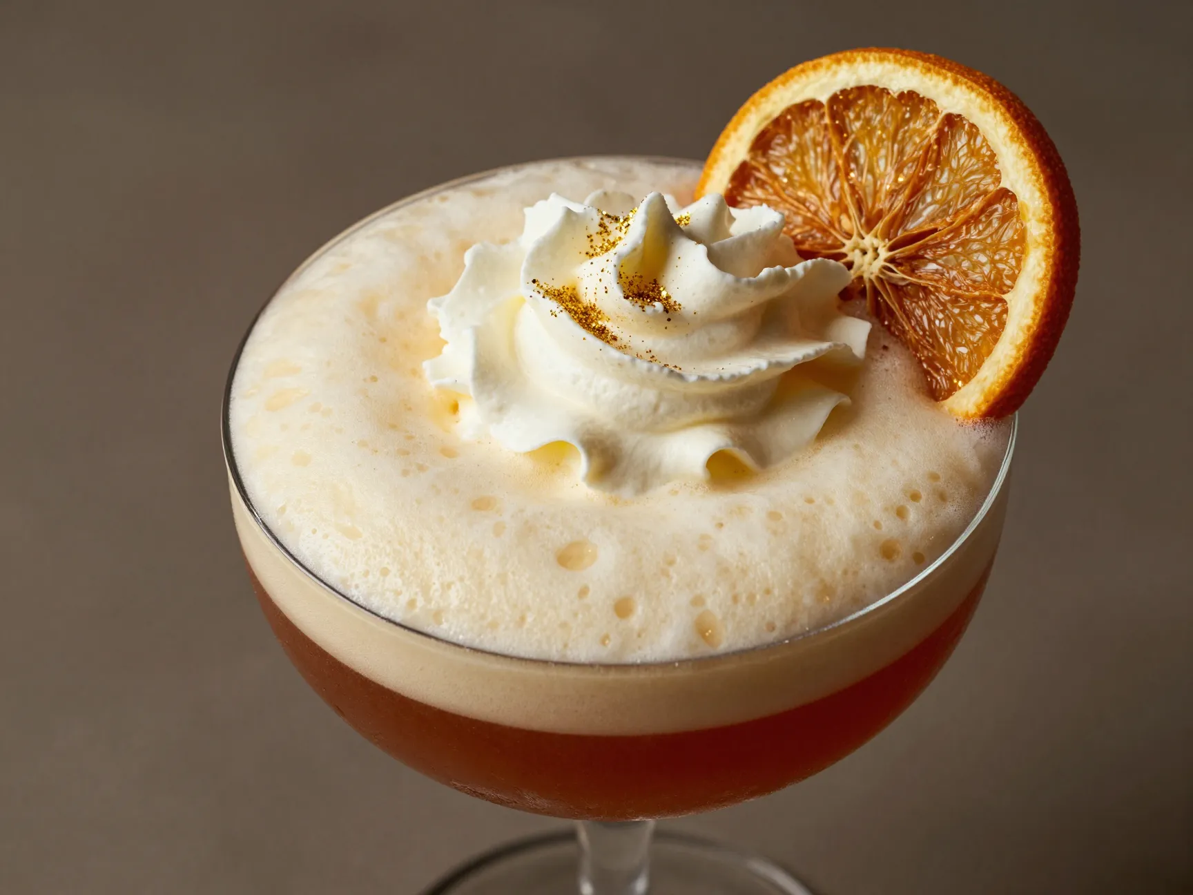 Luxurious maximalist cocktail with foam whipped cream and glitter
