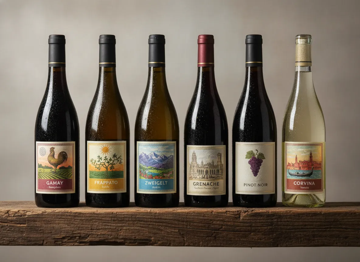 Six grape varietal wine bottles side by side on ledge