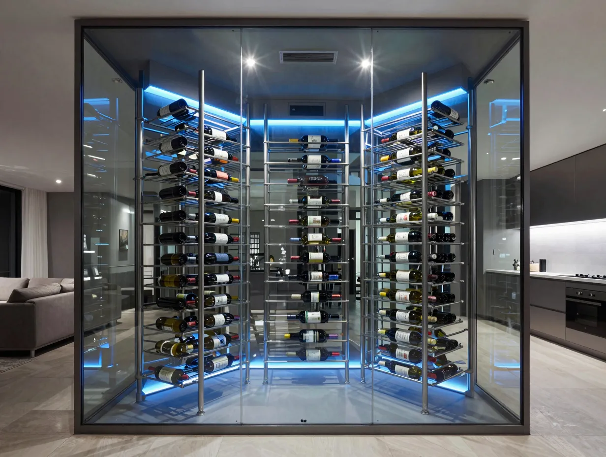 Sleek contemporary glass walled cellar stainless steel racking led lights