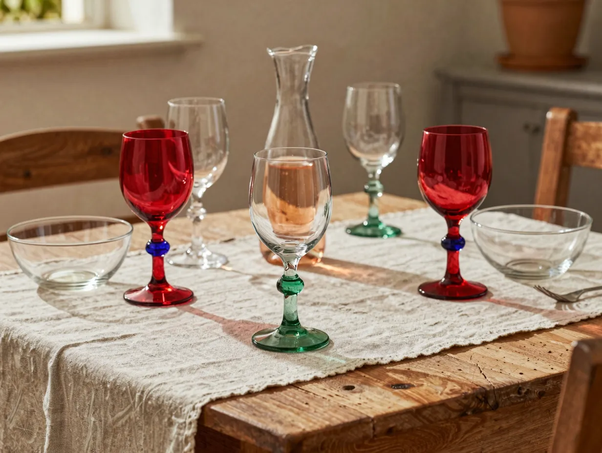 French biot style hand blown colored ring crystal stemware