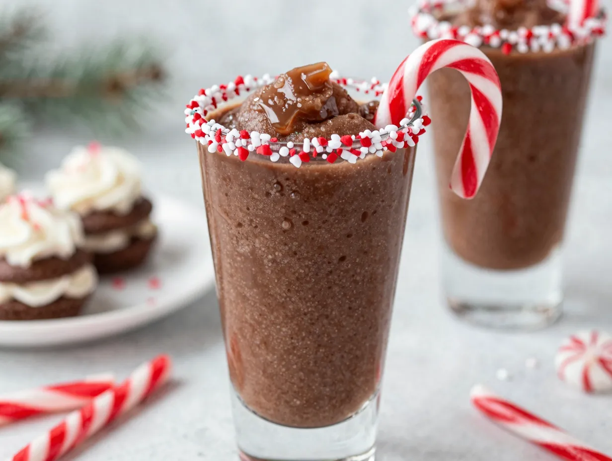 Peppermint chocolate slushie in tall glass with candy cane rim