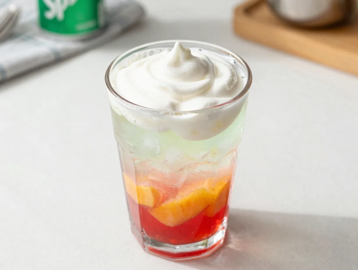 Sprite zero with strawberry peach raspberry syrup and cream swirl