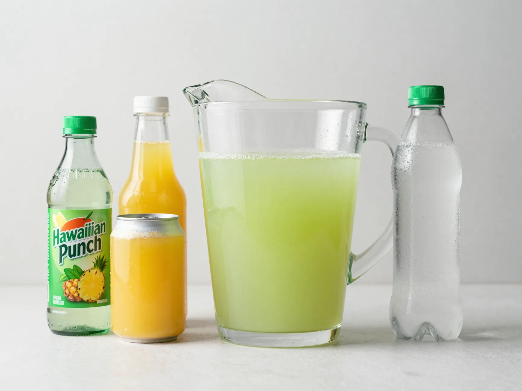 Three ingredient green punch with ginger ale in a large glass pitcher