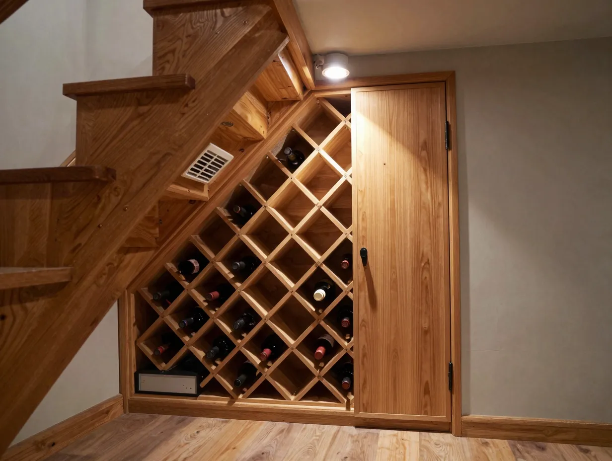 Under stair wine nook custom diagonal racking small cooling unit