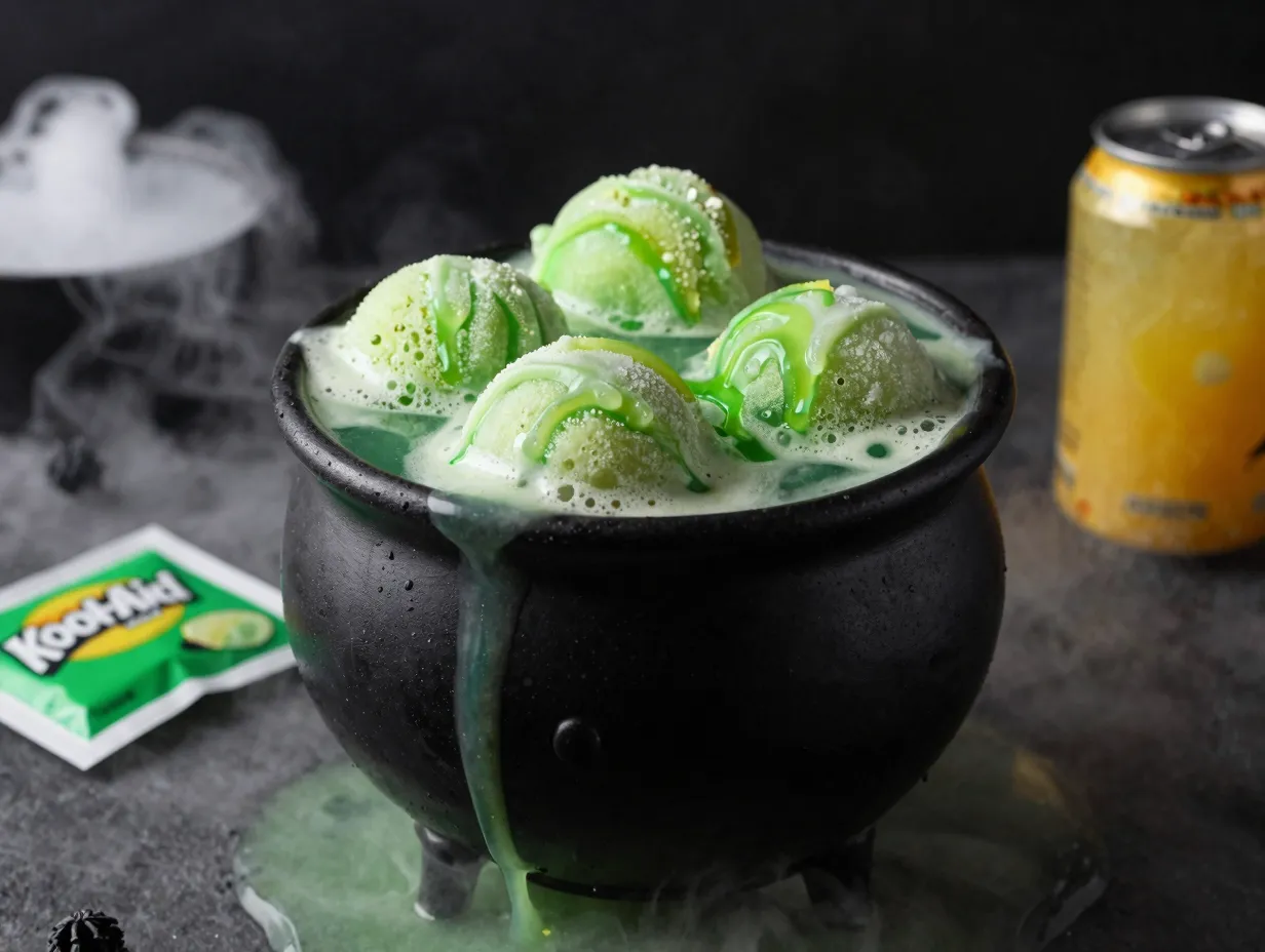 Green slime sherbet punch for a halloween party cauldron