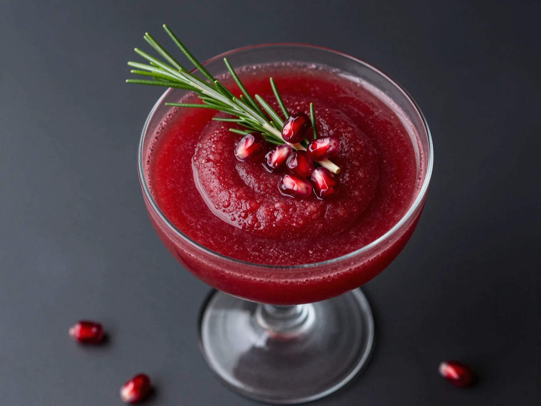 Jewel toned cranberry pomegranate slushie with rosemary garnish