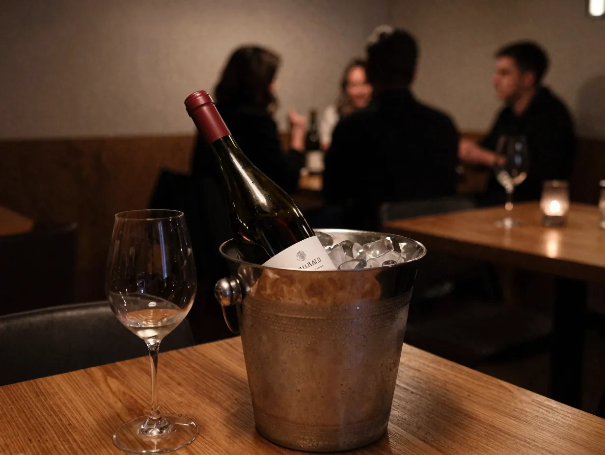 Natural wine bar scene with chilled gamay in ice bucket