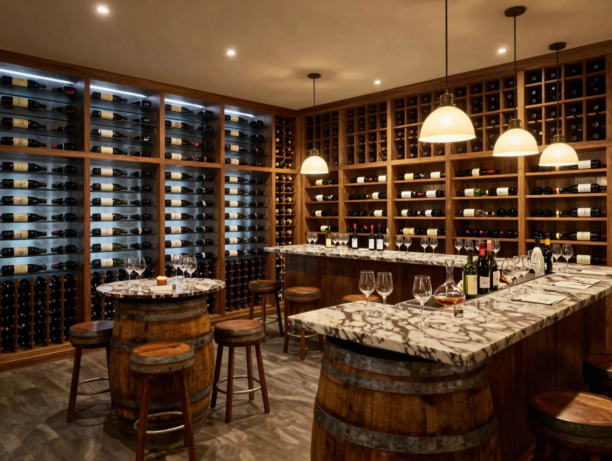 Tasting room cellar combination bar counter seating pendant lighting