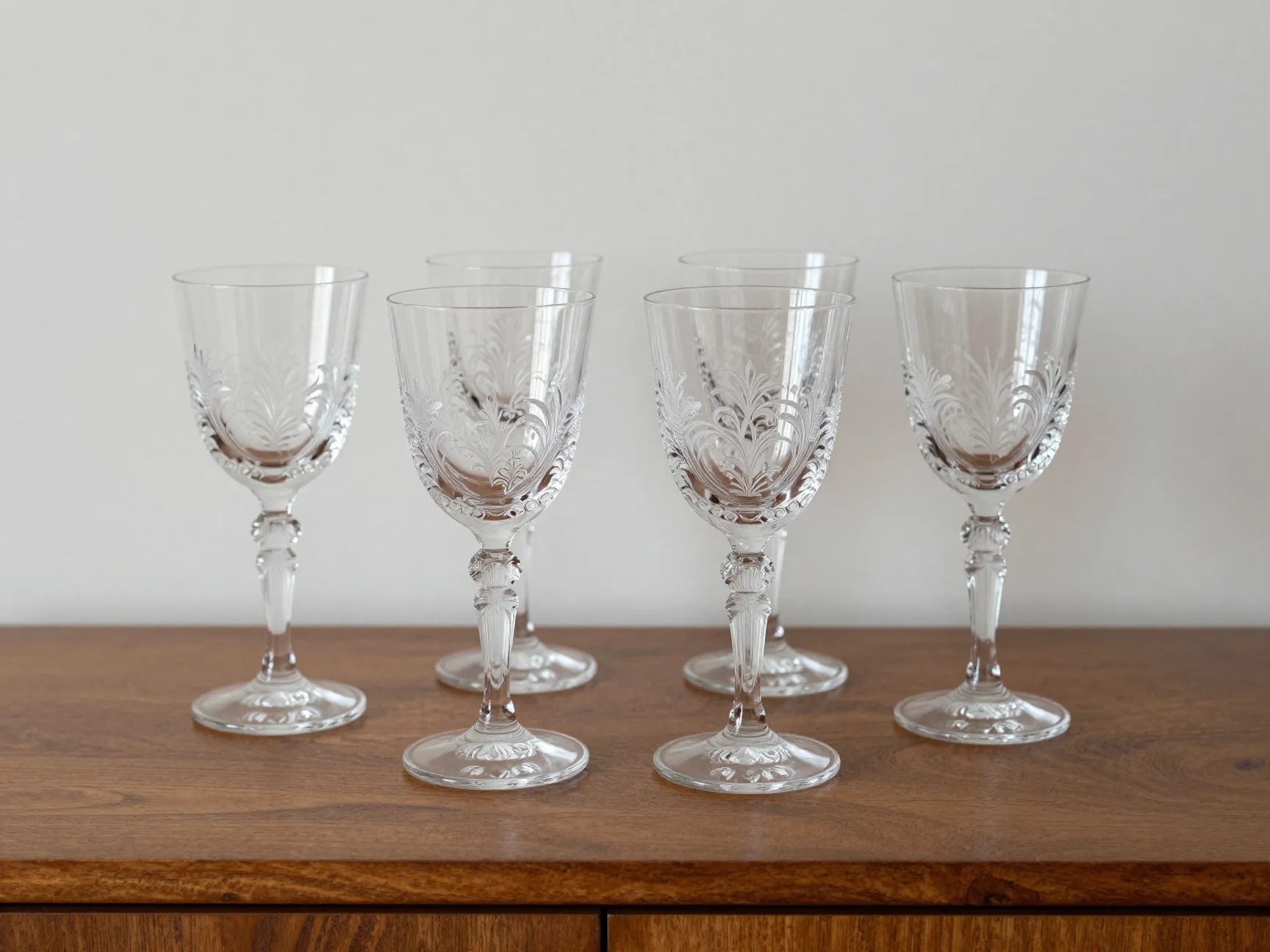 Tiffin franciscan etched crystal wine glasses mid century american