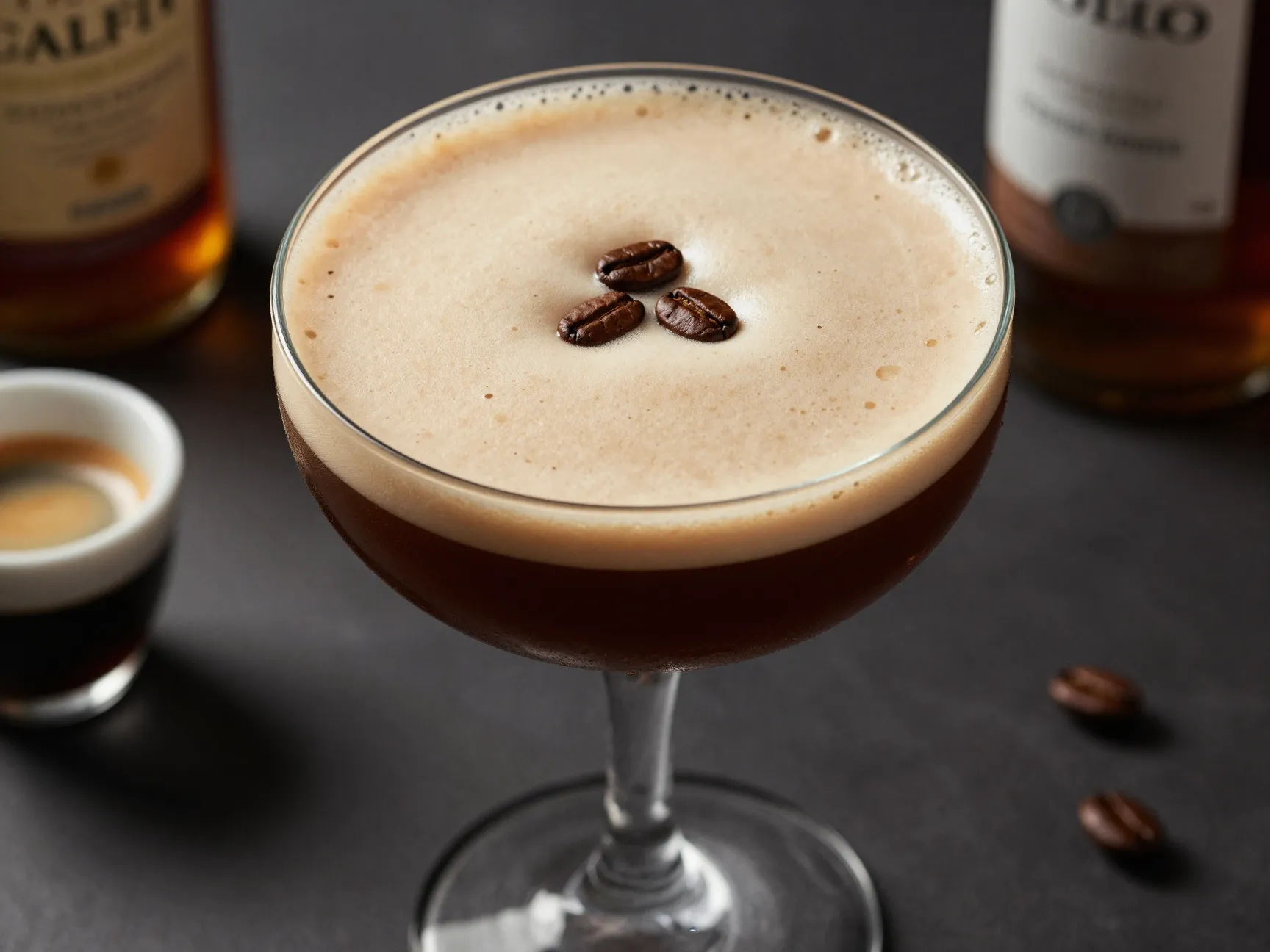 Alcohol free espresso martini coupe glass foam
