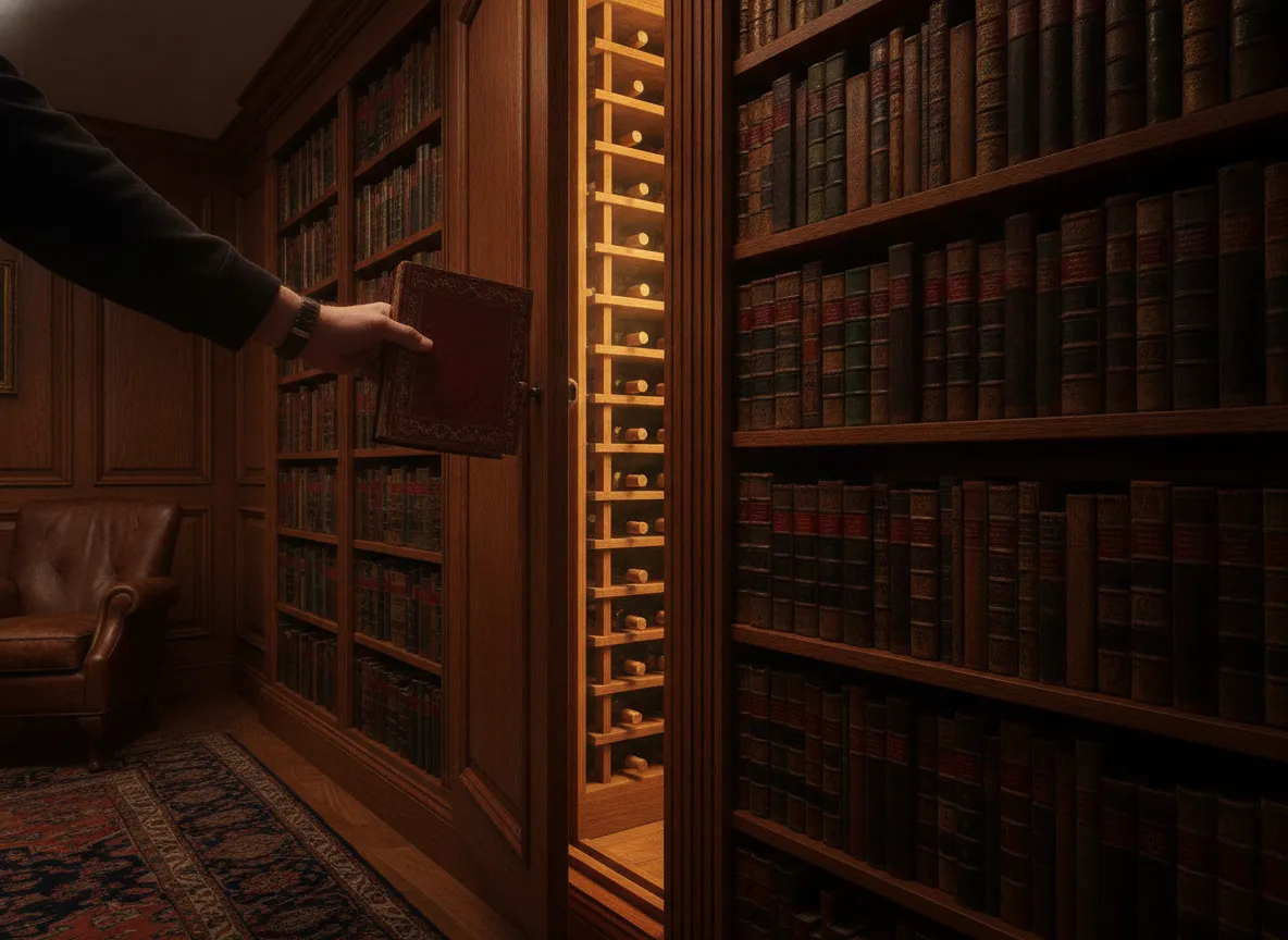 Hidden speakeasy wine cellar entrance behind working bookcase door