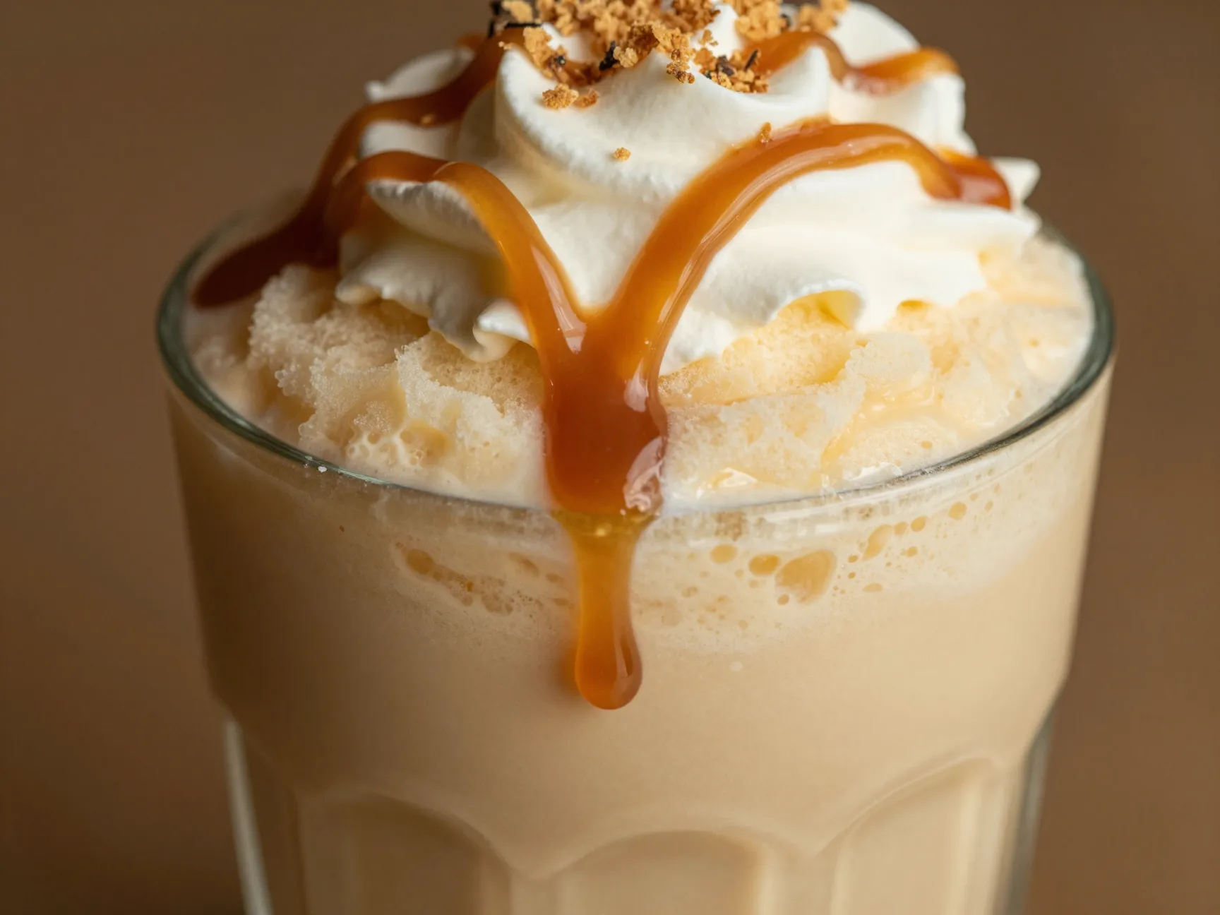 Salted caramel vanilla slushie milkshake with caramel drizzle