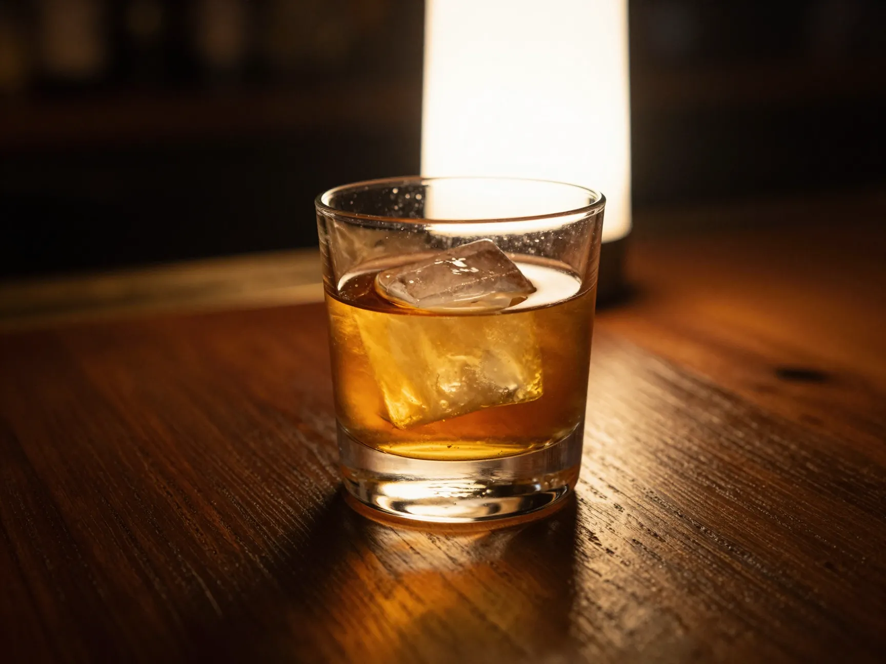 Backlit amber cocktail glowing on dark wooden bartop