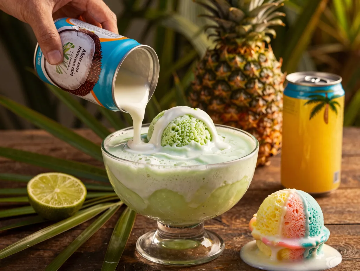 Creamy green sherbet punch with coconut cream in a tropical setting