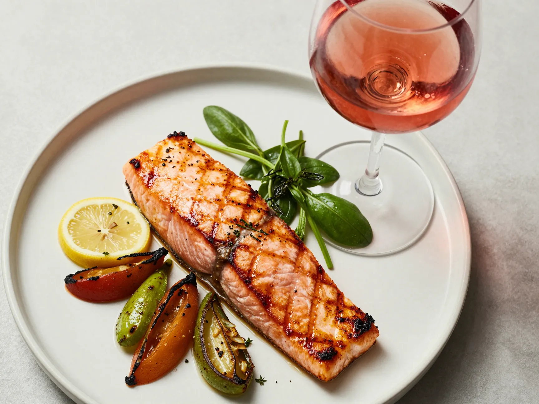 Grilled salmon plated with glass of chilled frappato wine