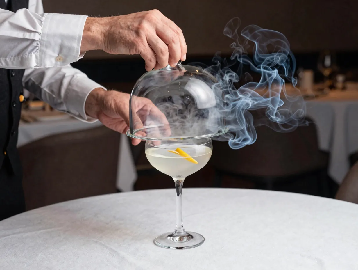 Bartender lifting smoke cloche from cocktail at table