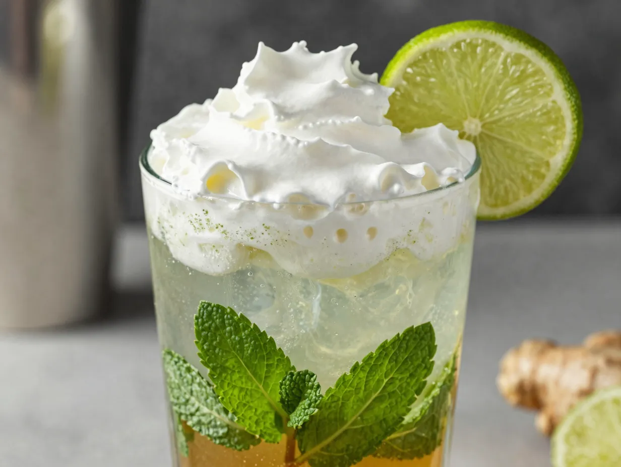 Ginger lime sprite zero with mint muddle and whipped cream