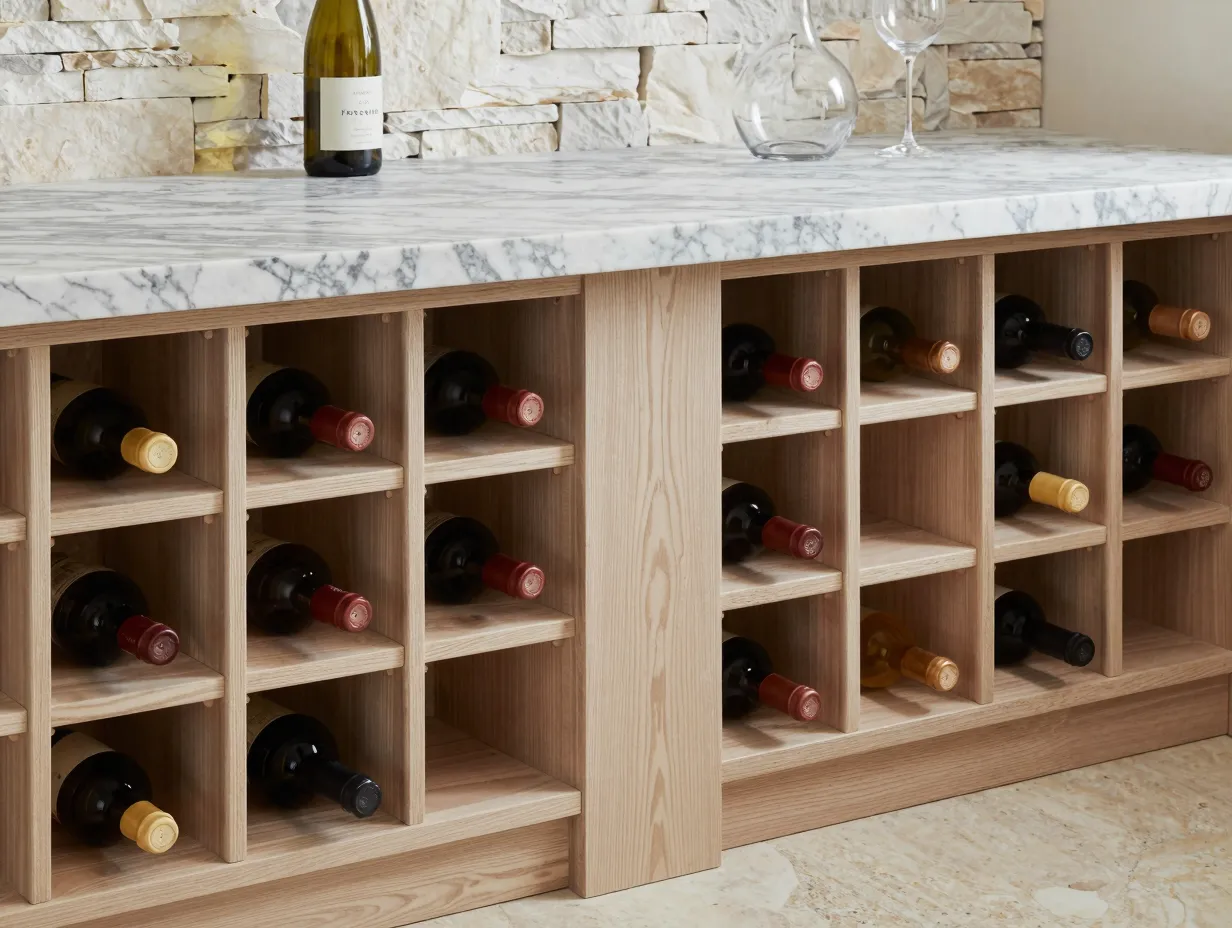 Luxury natural material cellar white oak racks marble countertop