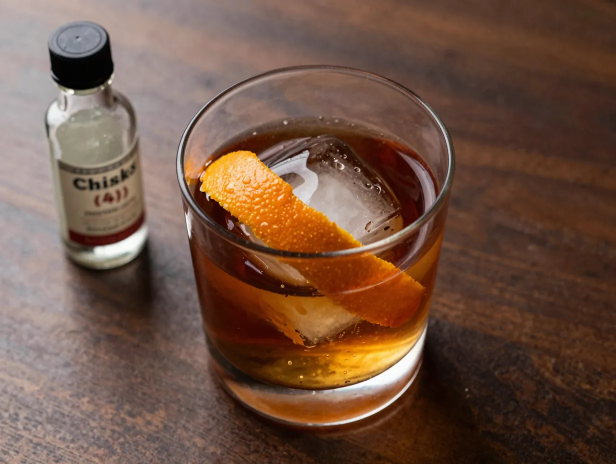 Non alcoholic old fashioned ice cube orange peel