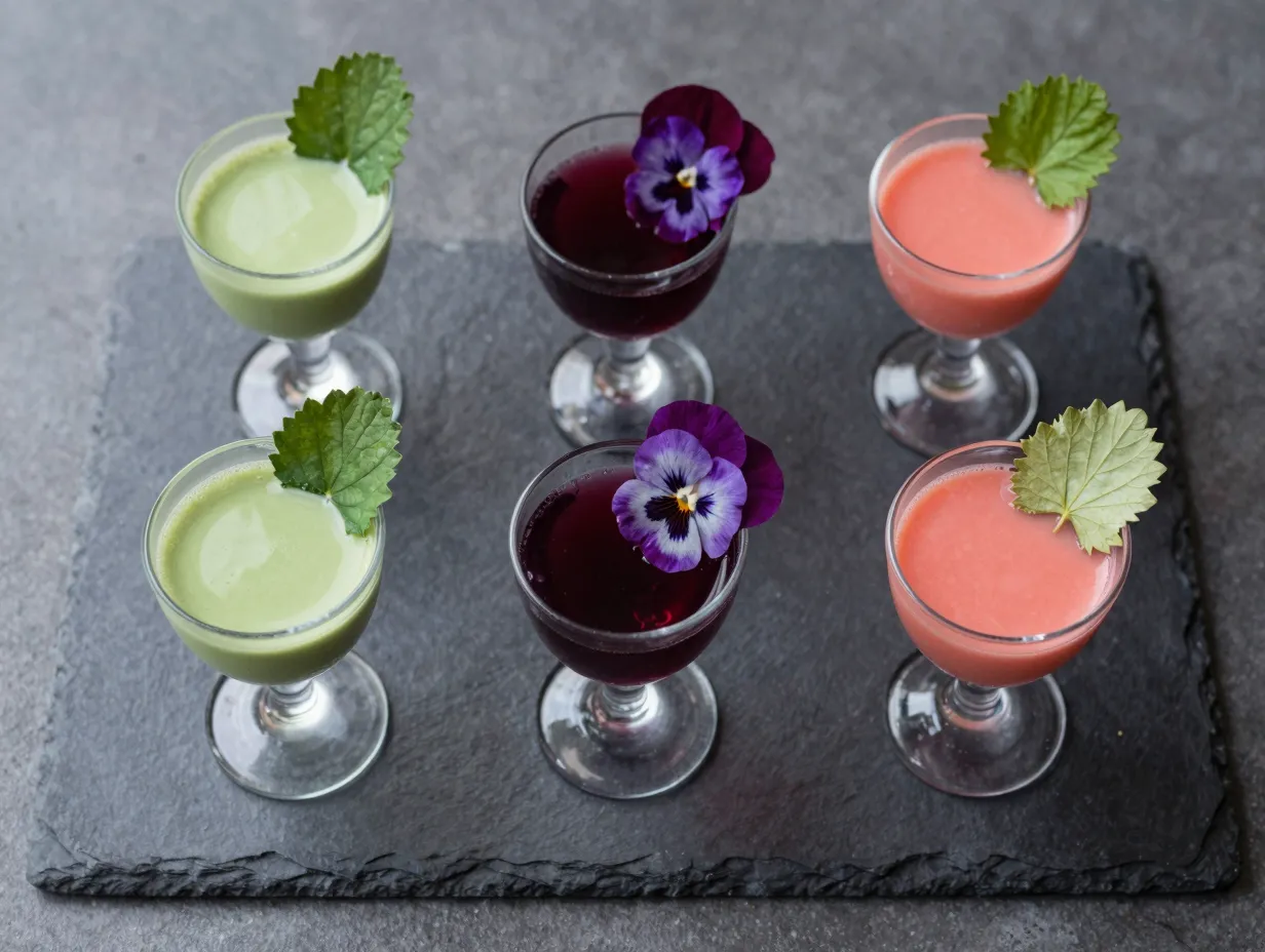 Flight of three miniature colorful cocktails on slate board