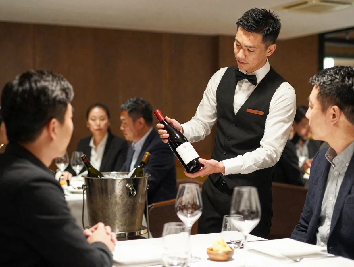 Sommelier recommending chilled red wine to customer in restaurant
