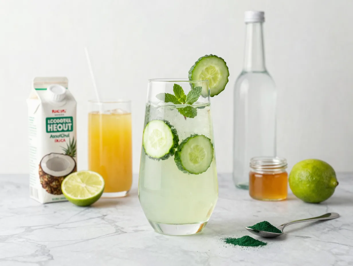 Sparkling green health punch with coconut water and cucumber garnish