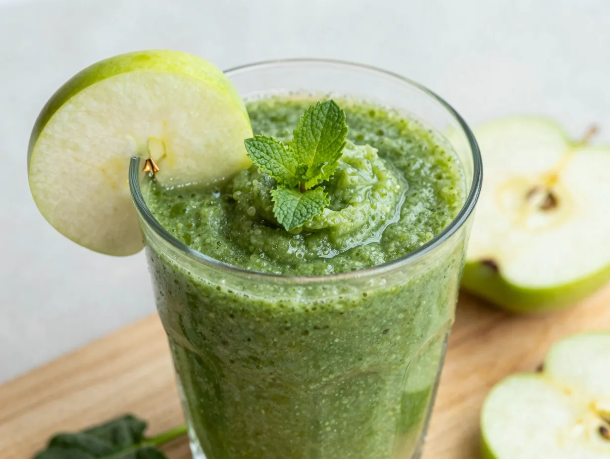 Vibrant green goddess slushie with apple slice and mint garnish