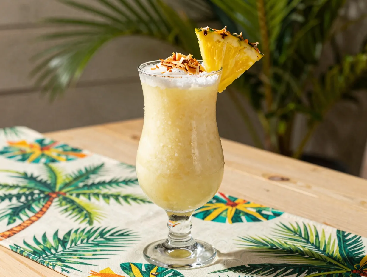 Zero proof breezy colada hurricane glass garnish