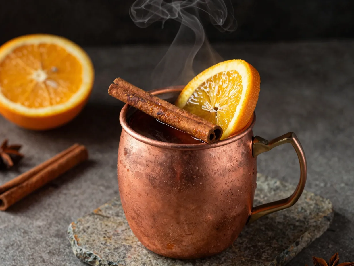 Multi sensory cocktail with steaming mug and aromatic citrus