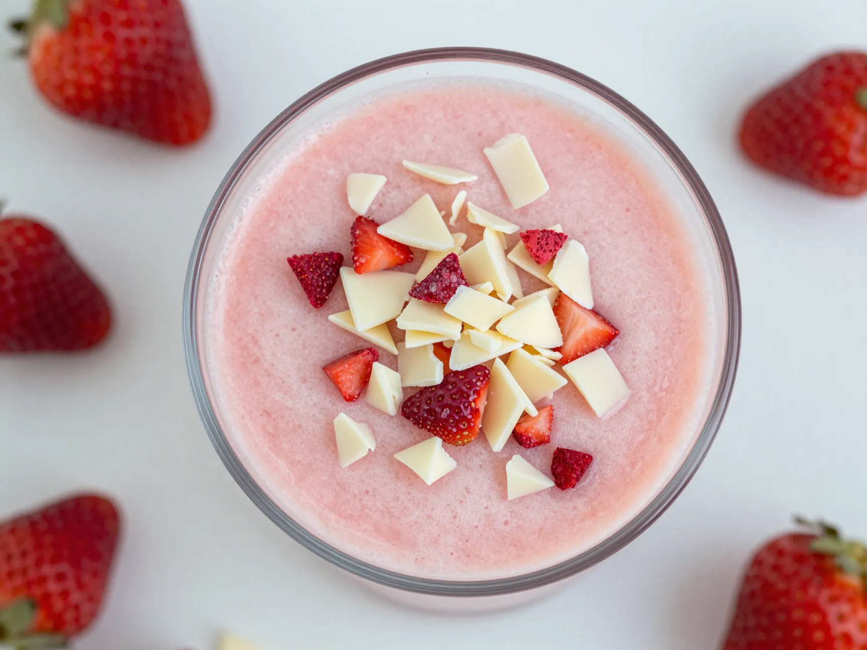 Strawberry vanilla slushie garnished with white chocolate shavings